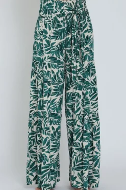 Jeanette High Waist Tie Tropical Print Wide Leg Pants Green