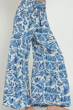 Jeanette High Waist Tie Tropical Print Wide Leg Pants Blue