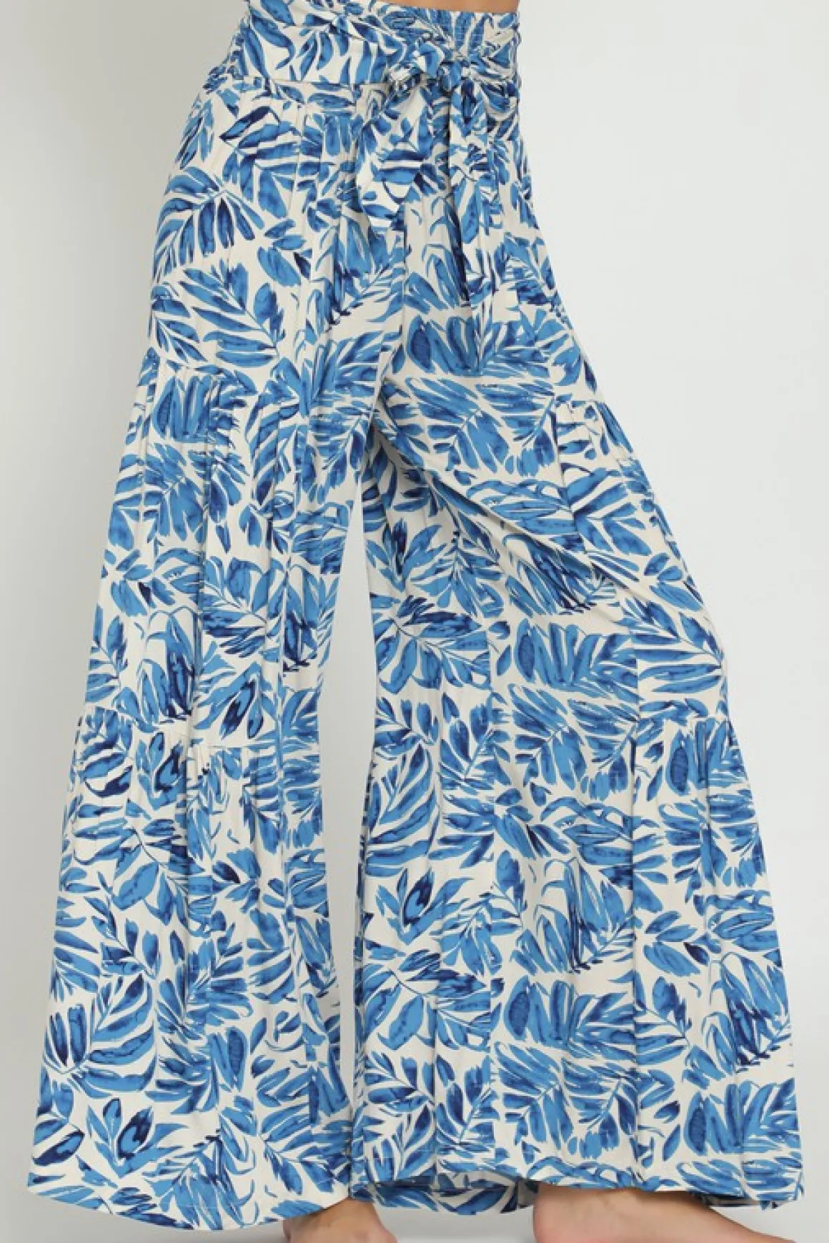 Jeanette High Waist Tie Tropical Print Wide Leg Pants Blue