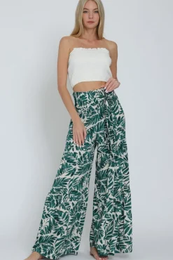 Jeanette High Waist Tie Tropical Print Wide Leg Pants Green