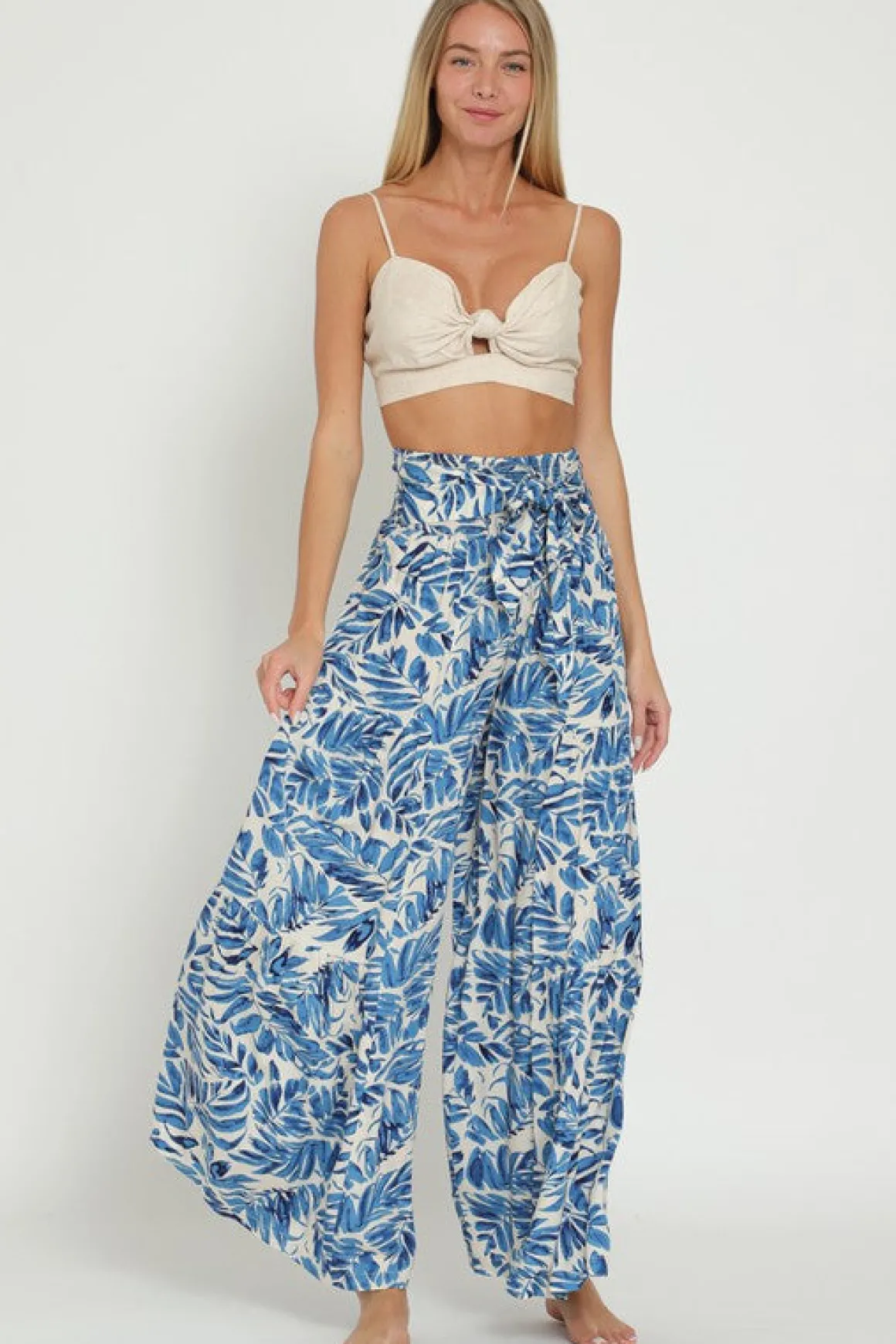Jeanette High Waist Tie Tropical Print Wide Leg Pants Blue