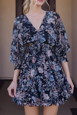 Jen Long Split Sleeve Floral Print Mini Dress Black