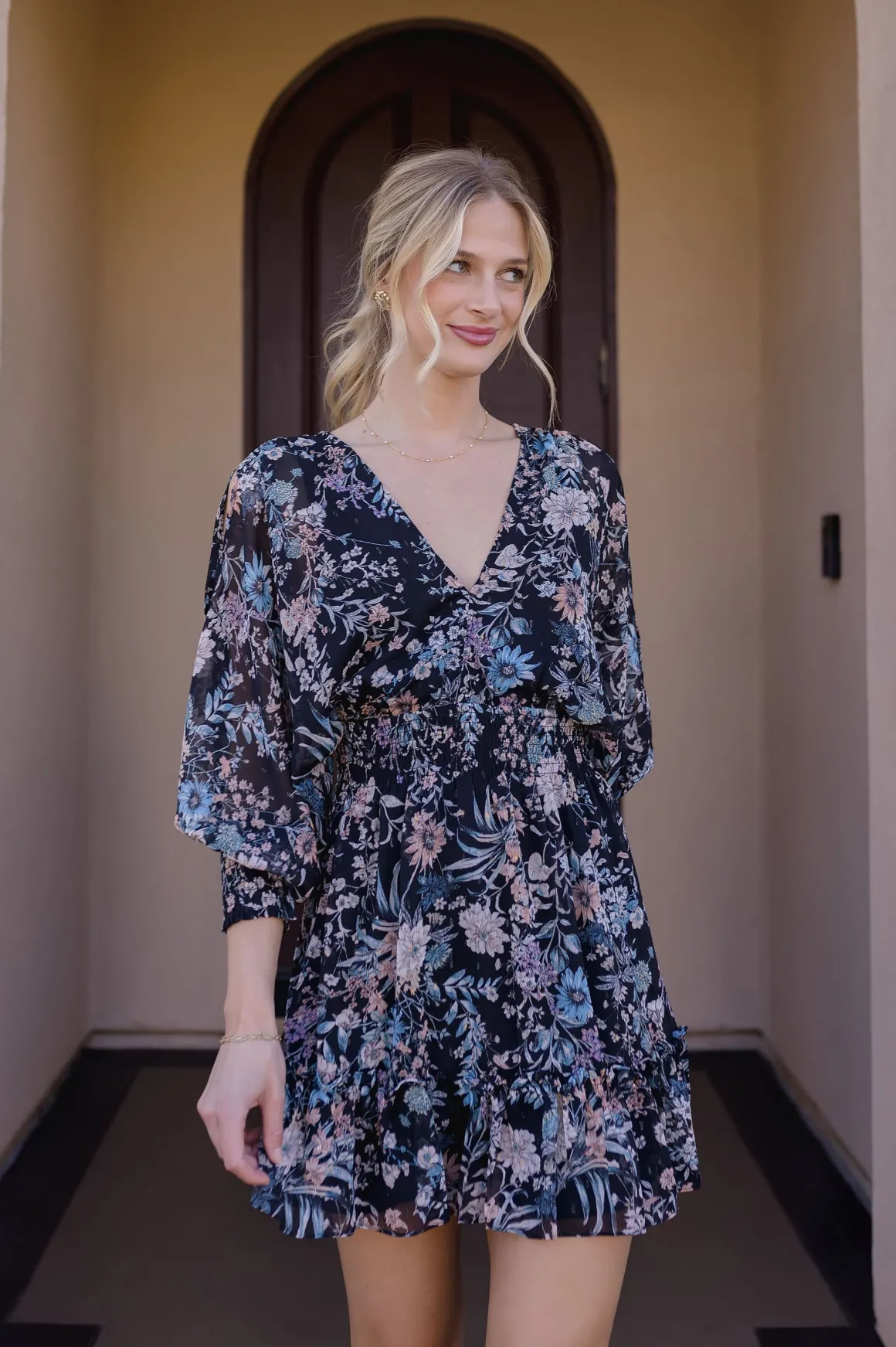 Jen Long Split Sleeve Floral Print Mini Dress Black