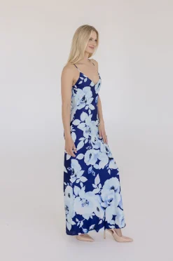 Jennifer Sleeveless Floral Print Back Tie Maxi Dress Navy