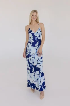 Jennifer Sleeveless Floral Print Back Tie Maxi Dress Navy