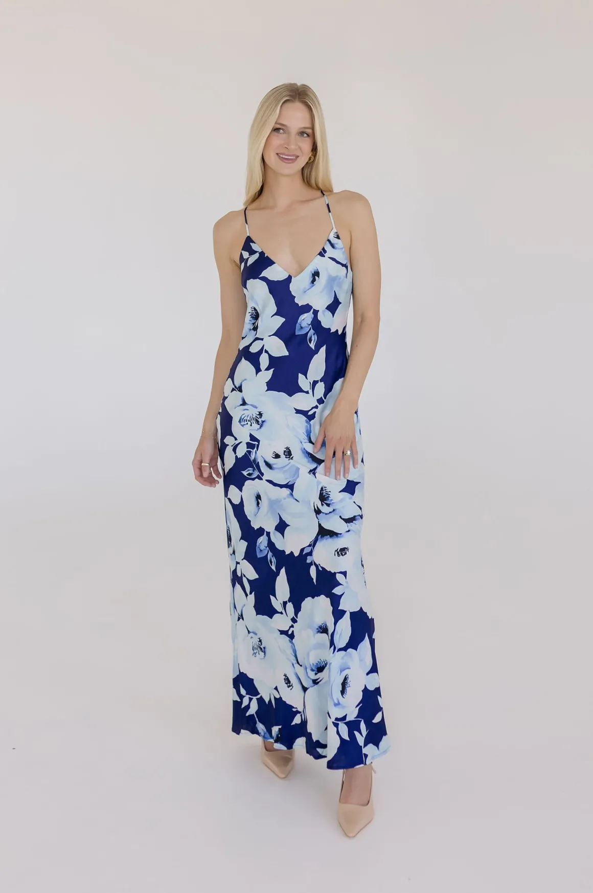 Jennifer Sleeveless Floral Print Back Tie Maxi Dress Navy