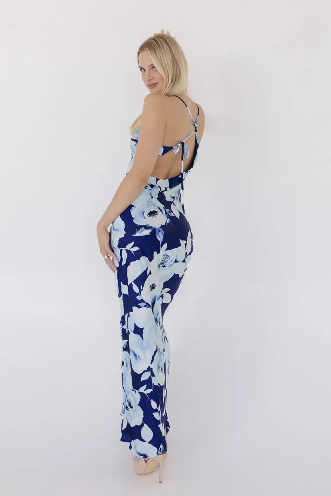 Jennifer Sleeveless Floral Print Back Tie Maxi Dress Navy
