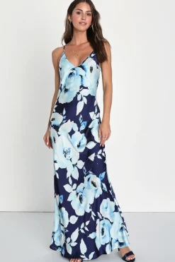 Jennifer Sleeveless Floral Print Back Tie Maxi Dress Navy