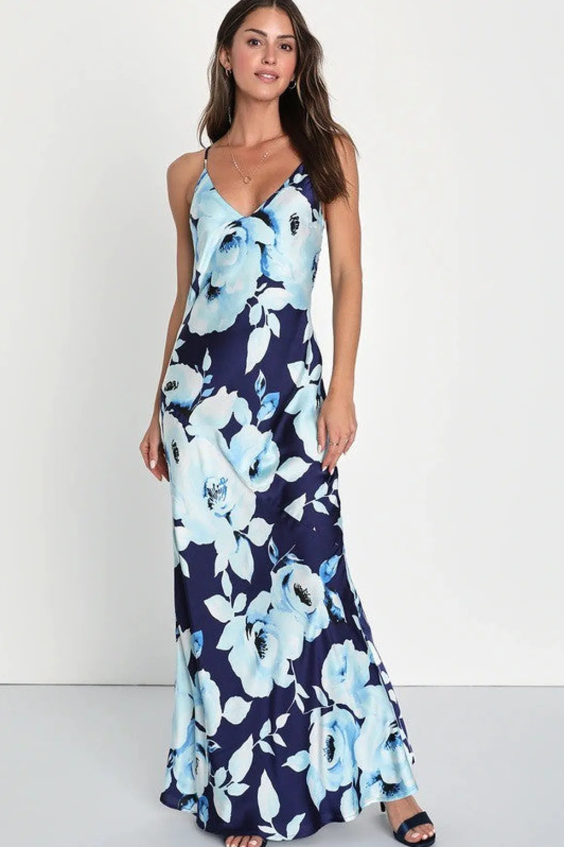 Jennifer Sleeveless Floral Print Back Tie Maxi Dress Navy