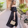Jill Off The Shoulder Puff Sleeve Linen Midi Dress Black