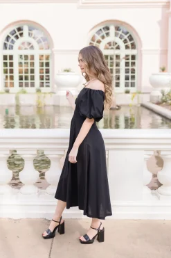 Jill Off The Shoulder Puff Sleeve Linen Midi Dress Black