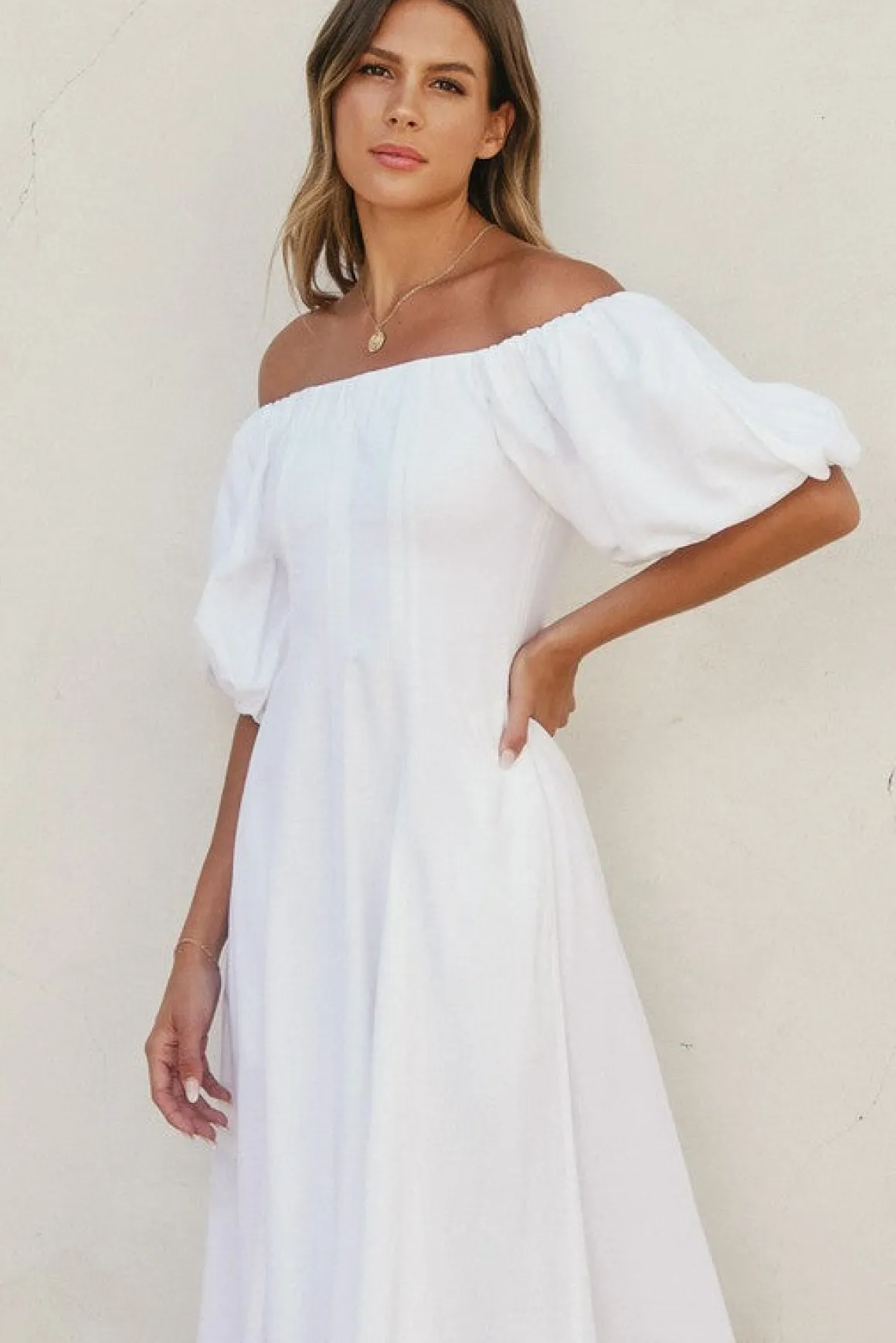 Jill Off The Shoulder Puff Sleeve Linen Midi Dress White