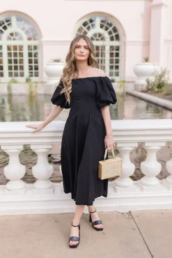 Jill Off The Shoulder Puff Sleeve Linen Midi Dress Black