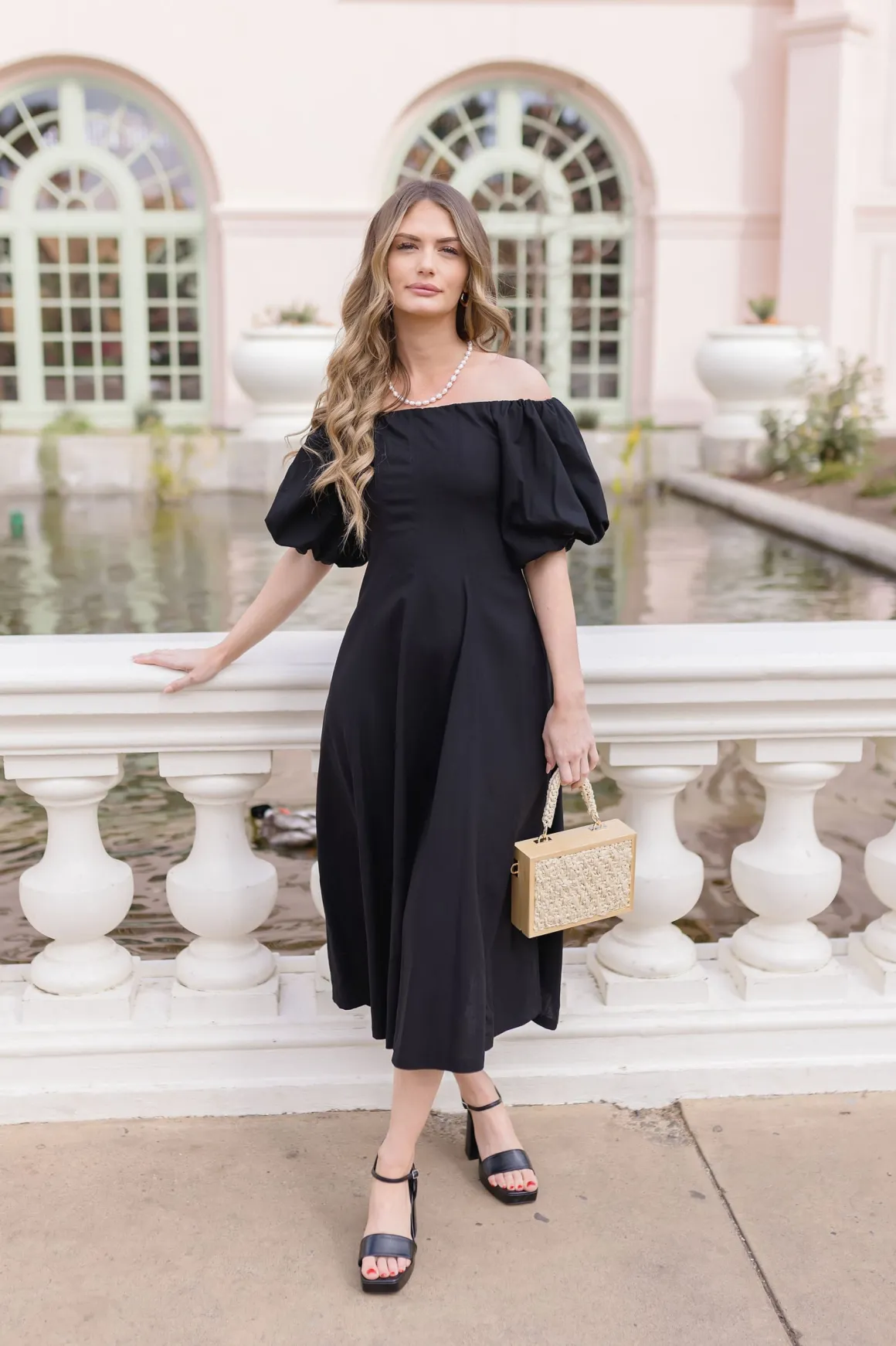 Jill Off The Shoulder Puff Sleeve Linen Midi Dress Black