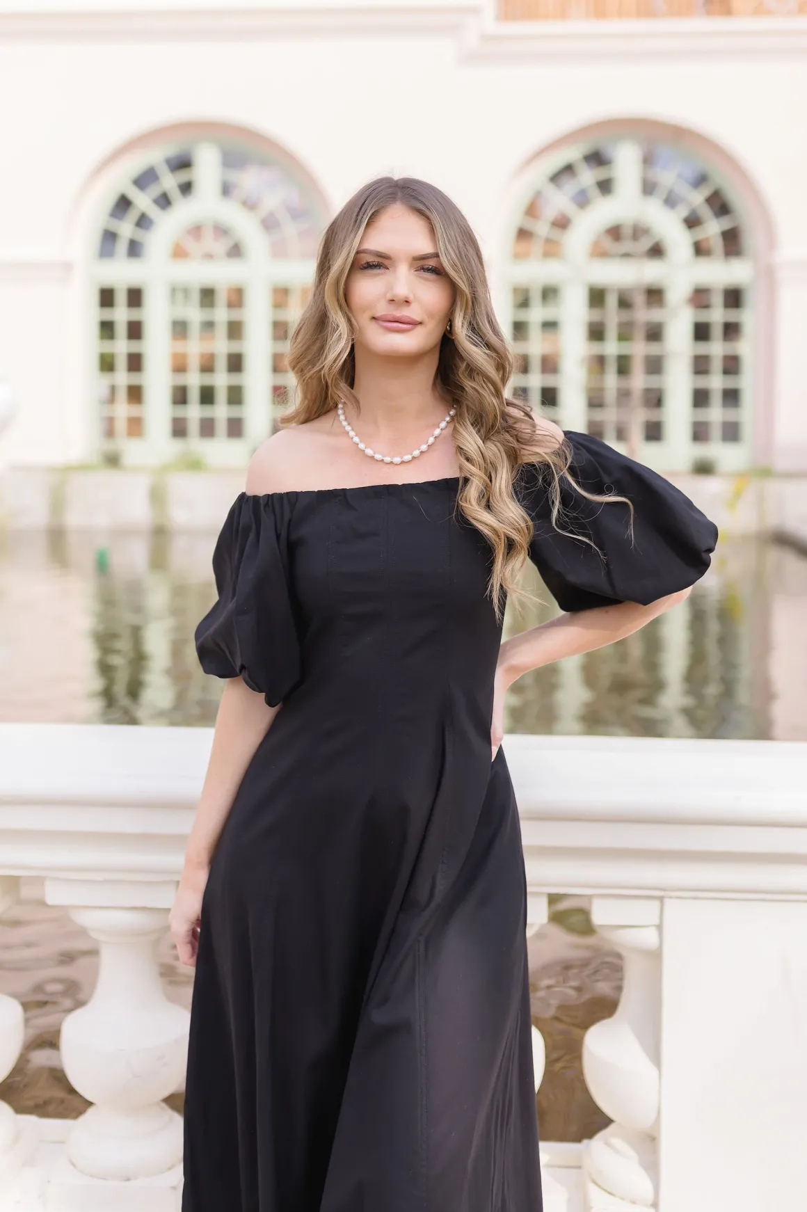 Jill Off The Shoulder Puff Sleeve Linen Midi Dress Black