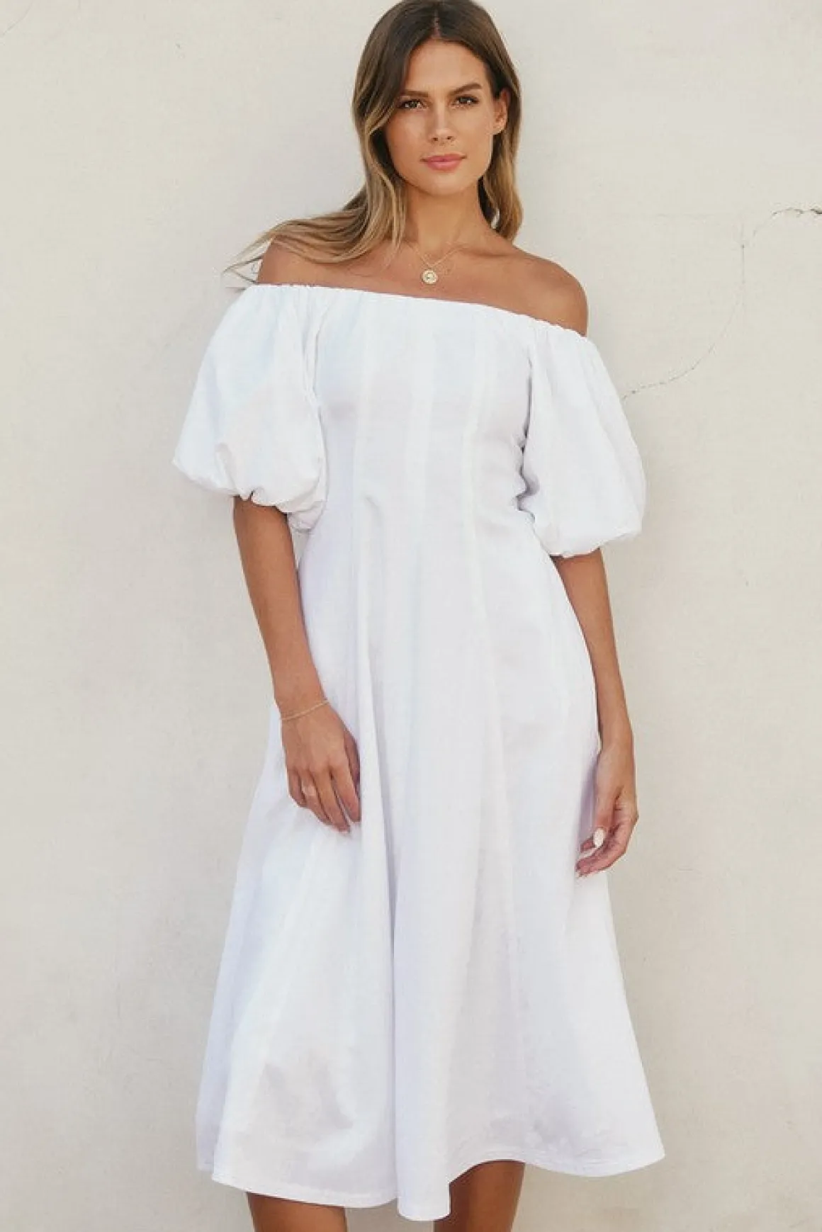 Jill Off The Shoulder Puff Sleeve Linen Midi Dress White