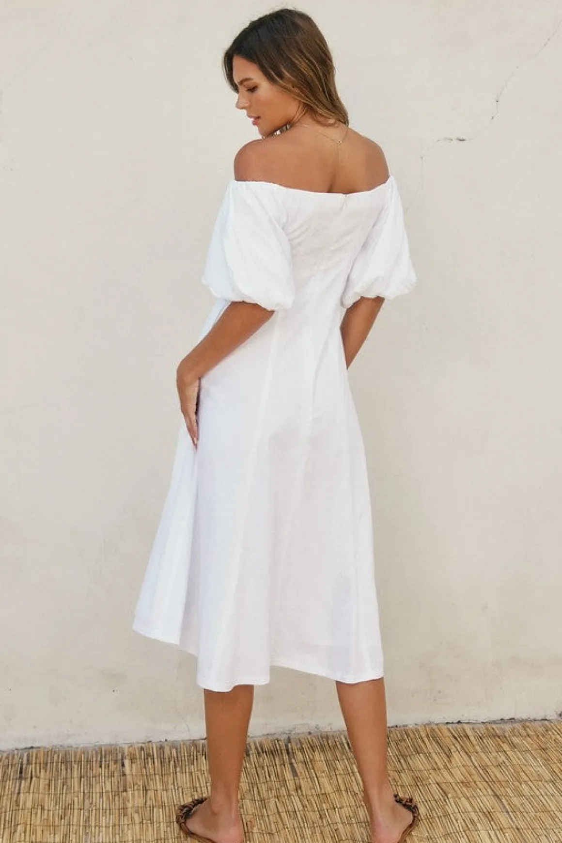 Jill Off The Shoulder Puff Sleeve Linen Midi Dress White