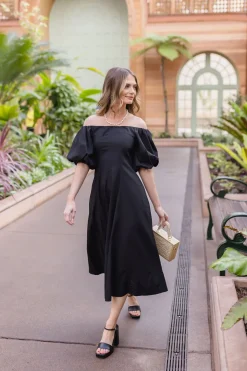 Jill Off The Shoulder Puff Sleeve Linen Midi Dress Black