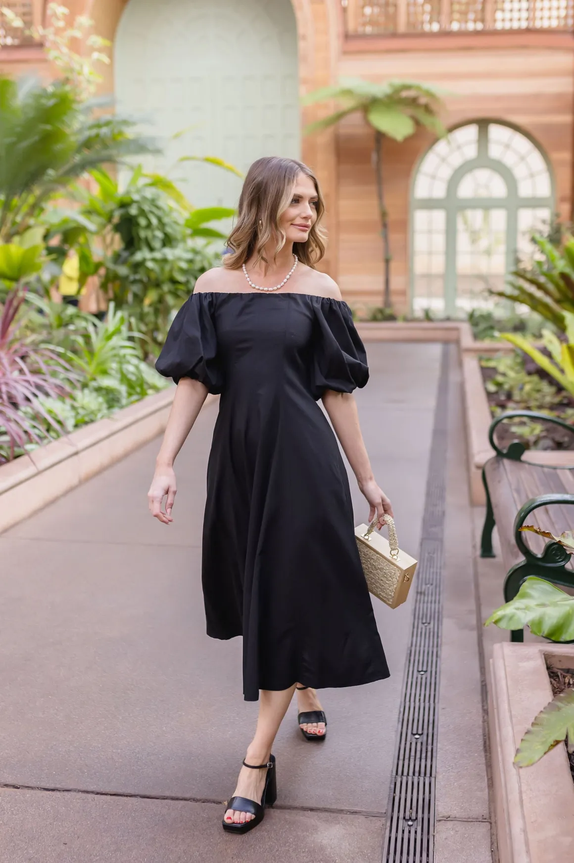 Jill Off The Shoulder Puff Sleeve Linen Midi Dress Black
