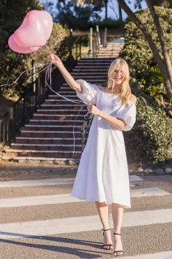 Jill Off The Shoulder Puff Sleeve Linen Midi Dress White
