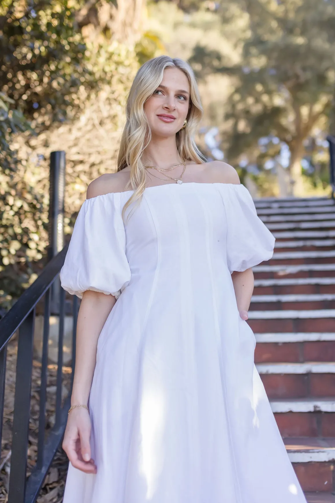 Jill Off The Shoulder Puff Sleeve Linen Midi Dress White