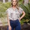 Joanna Short Sleeve Button Down Eyelet Floral Print Top Natural