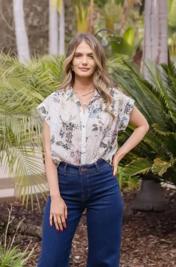Joanna Short Sleeve Button Down Eyelet Floral Print Top Natural