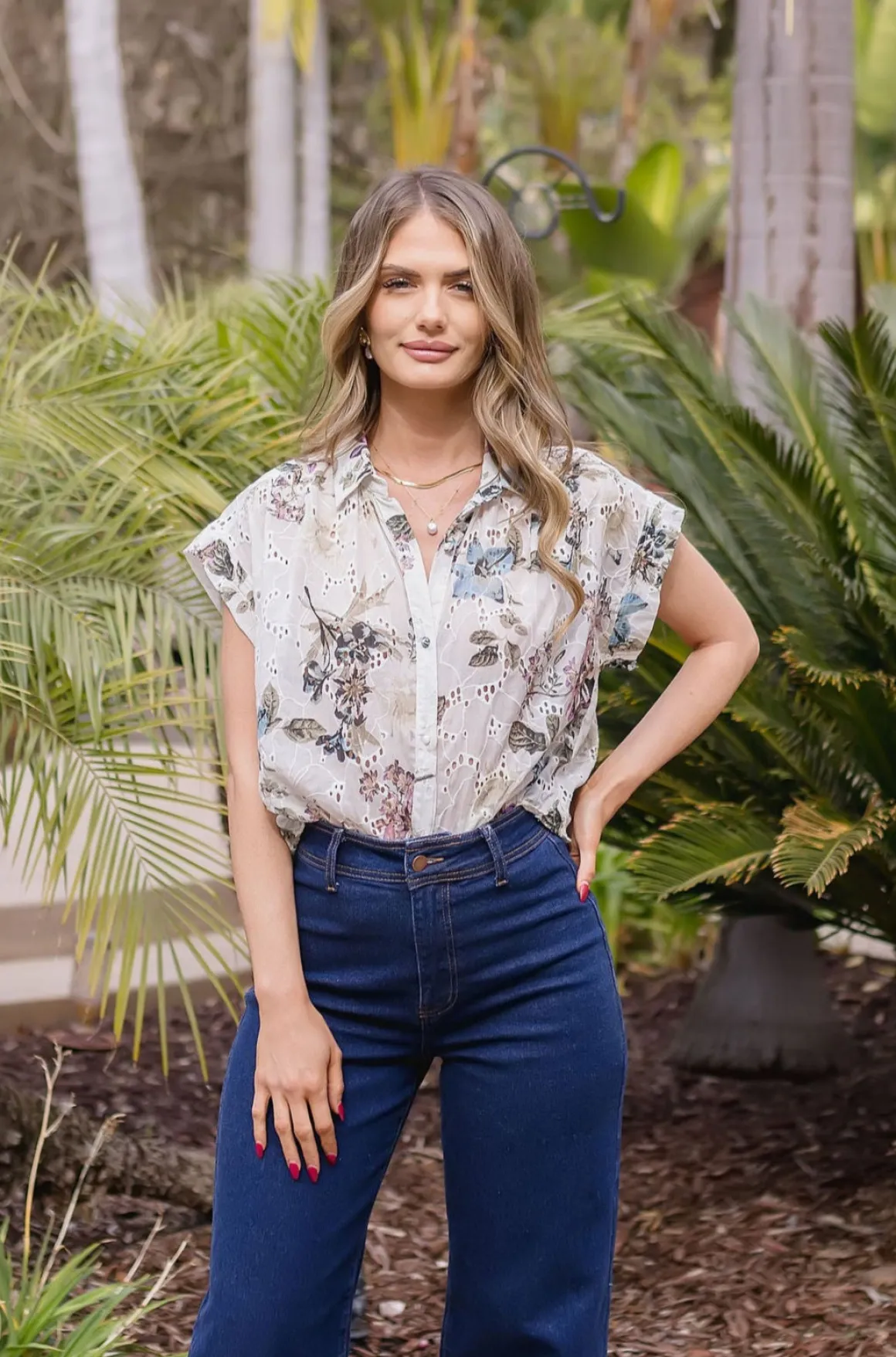 Joanna Short Sleeve Button Down Eyelet Floral Print Top Natural