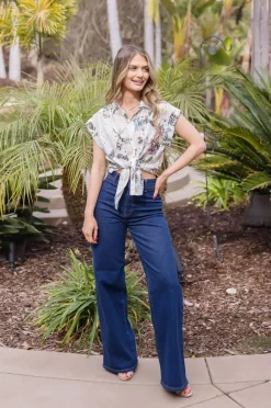 Joanna Short Sleeve Button Down Eyelet Floral Print Top Natural