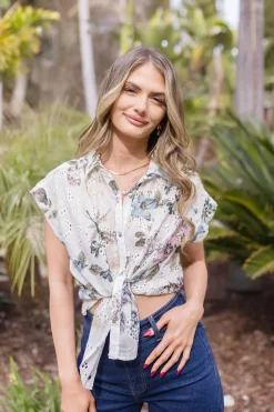 Joanna Short Sleeve Button Down Eyelet Floral Print Top Natural