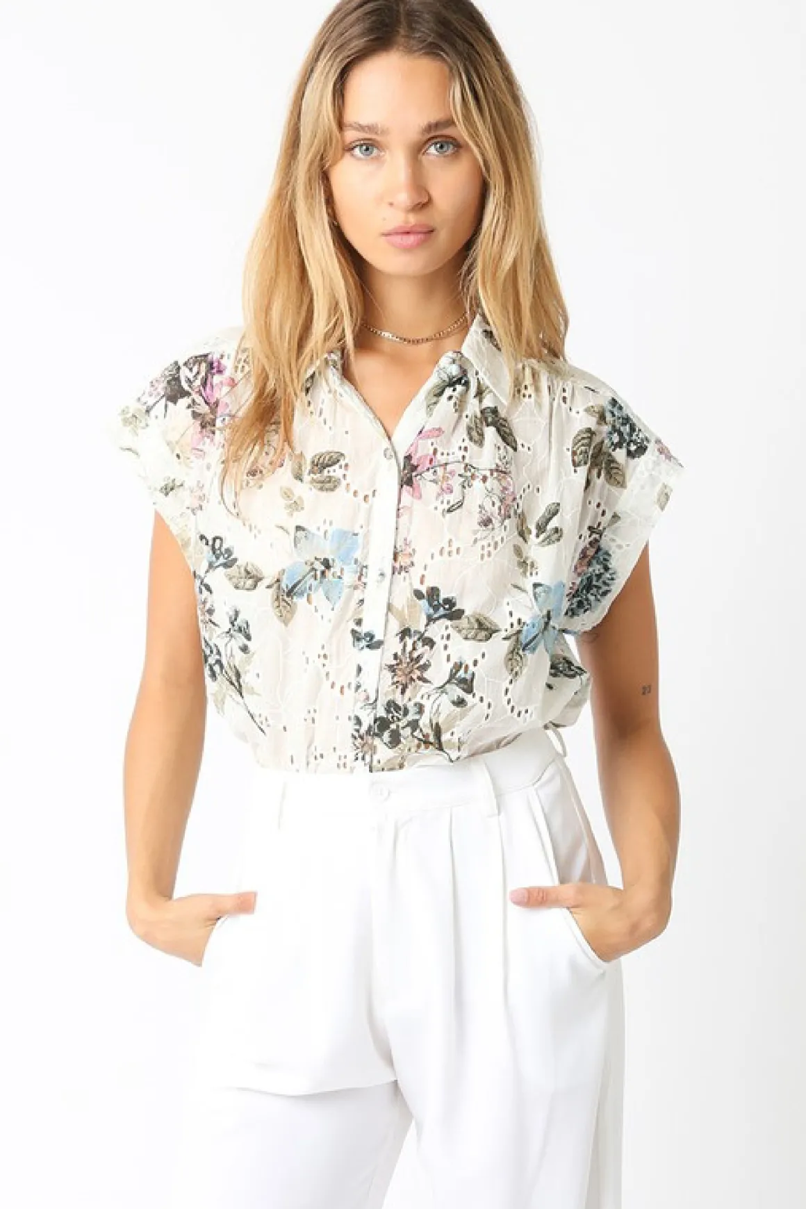 Joanna Short Sleeve Button Down Eyelet Floral Print Top Natural