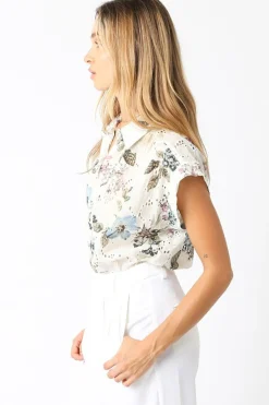 Joanna Short Sleeve Button Down Eyelet Floral Print Top Natural
