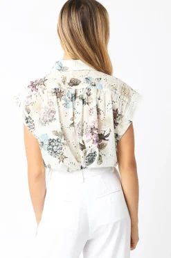 Joanna Short Sleeve Button Down Eyelet Floral Print Top Natural