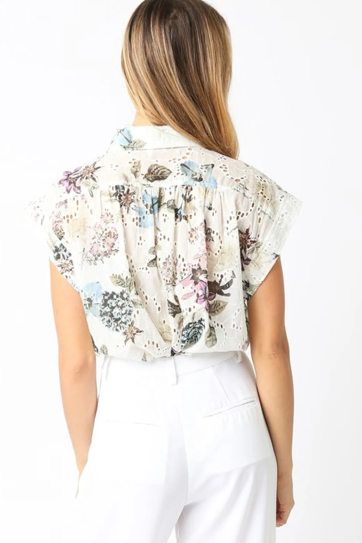 Joanna Short Sleeve Button Down Eyelet Floral Print Top Natural