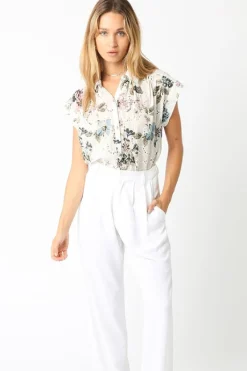 Joanna Short Sleeve Button Down Eyelet Floral Print Top Natural