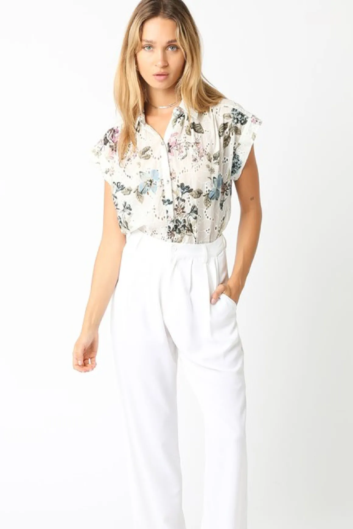 Joanna Short Sleeve Button Down Eyelet Floral Print Top Natural