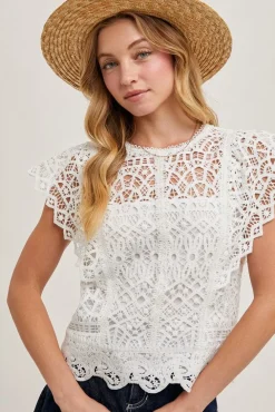 Jocelyn Flutter Sleeve Crochet Lace Top White