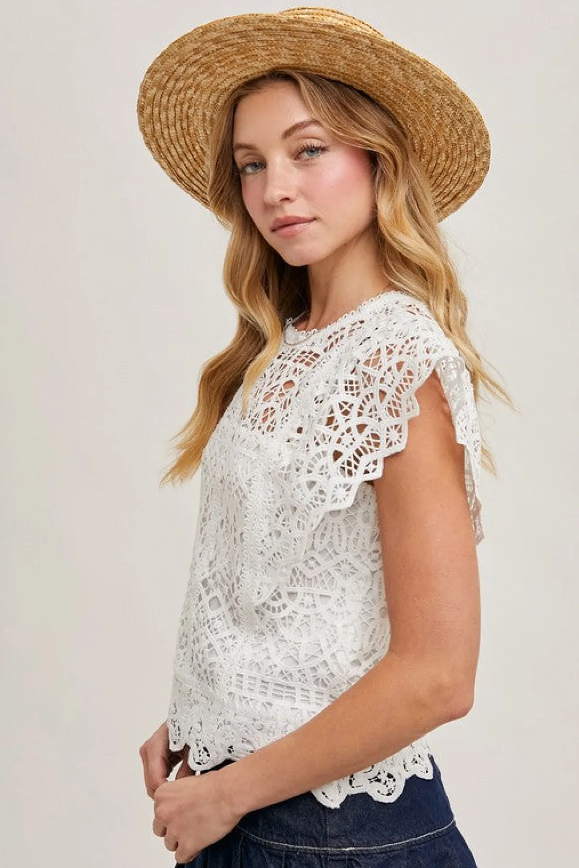 Jocelyn Flutter Sleeve Crochet Lace Top White