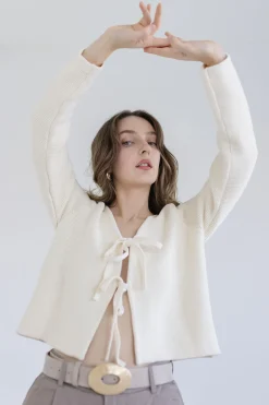 Joelle Long Sleeve Bow Tie Knit Cardigan Sweater Beige