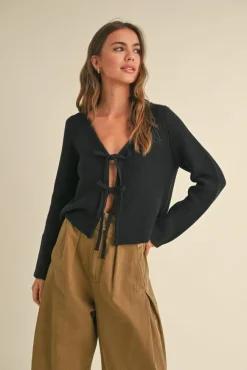 Joelle Long Sleeve Bow Tie Knit Cardigan Sweater Black