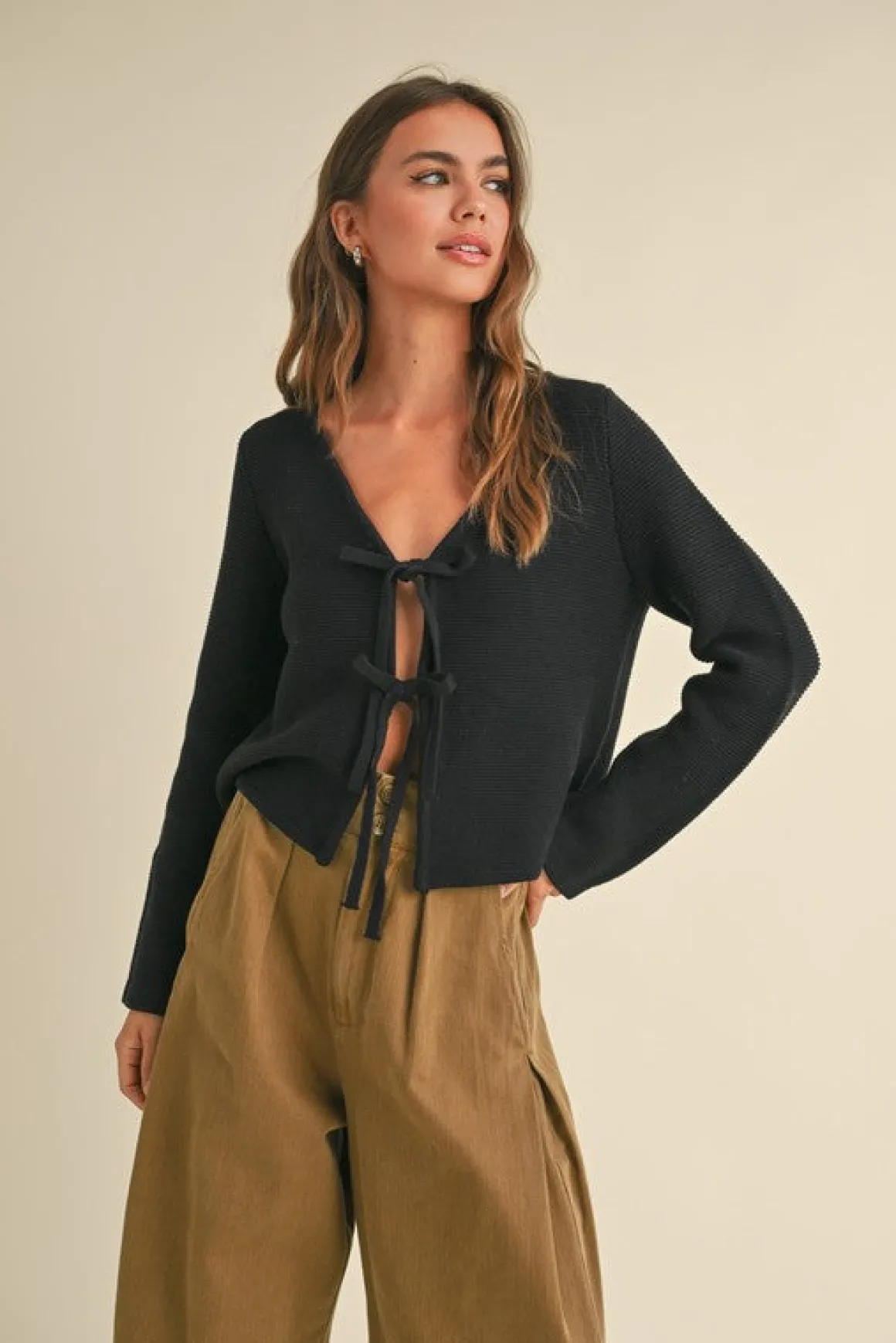 Joelle Long Sleeve Bow Tie Knit Cardigan Sweater Black