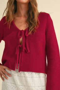 Joelle Long Sleeve Bow Tie Knit Cardigan Sweater Red