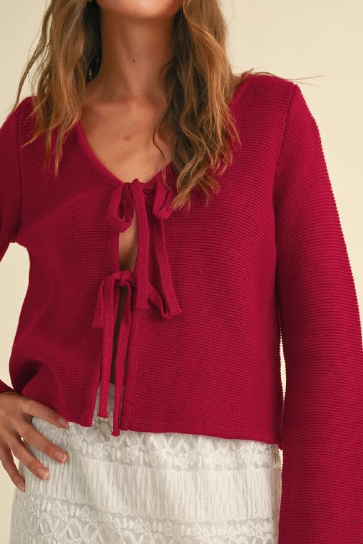 Joelle Long Sleeve Bow Tie Knit Cardigan Sweater Red