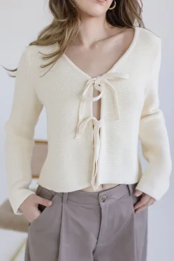 Joelle Long Sleeve Bow Tie Knit Cardigan Sweater Beige