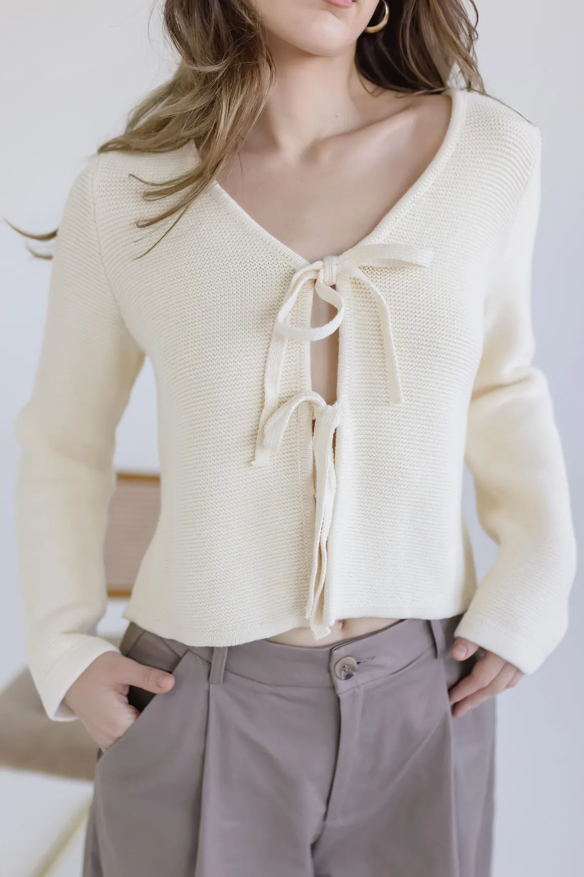 Joelle Long Sleeve Bow Tie Knit Cardigan Sweater Beige