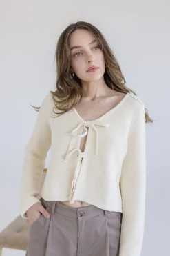 Joelle Long Sleeve Bow Tie Knit Cardigan Sweater Beige