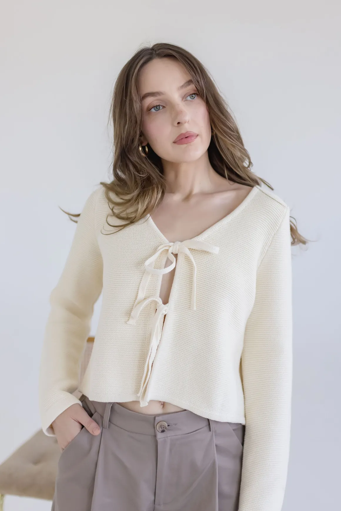 Joelle Long Sleeve Bow Tie Knit Cardigan Sweater Beige