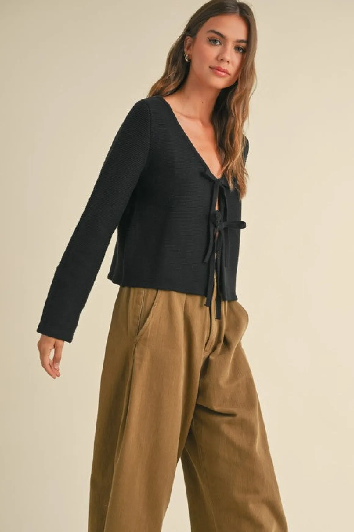 Joelle Long Sleeve Bow Tie Knit Cardigan Sweater Black
