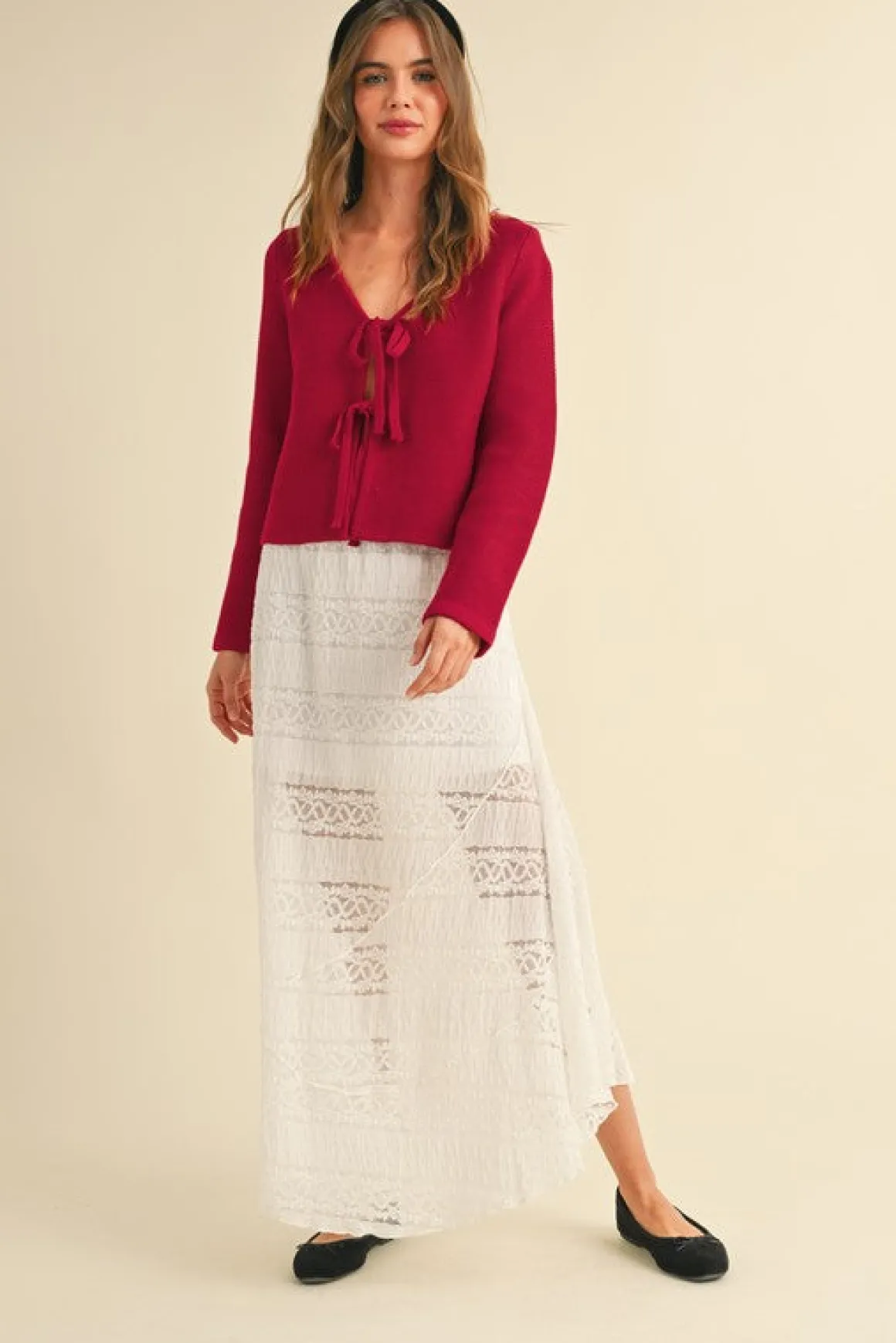 Joelle Long Sleeve Bow Tie Knit Cardigan Sweater Red