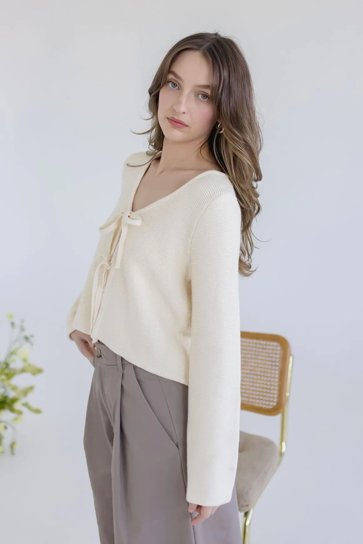 Joelle Long Sleeve Bow Tie Knit Cardigan Sweater Beige